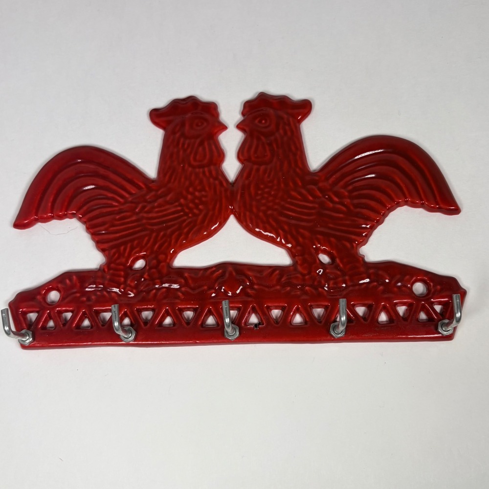 Old Dutch Red Rooster Key Rack Cast Iron French Country Farmhouse Decor